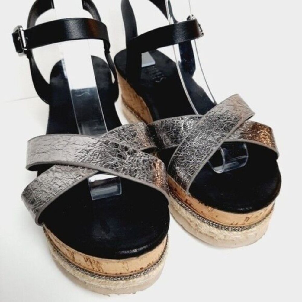 LORA FERRES Patform Wedge Sandals Strappy Black & Silver Sz Eur 38 | US 8 - Picture 6 of 12